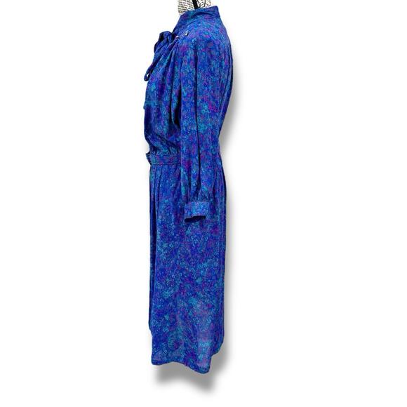 Vintage Willi Size M Blue Belted Midi Dress Brooch USA Secretary - Picture 7 of 10